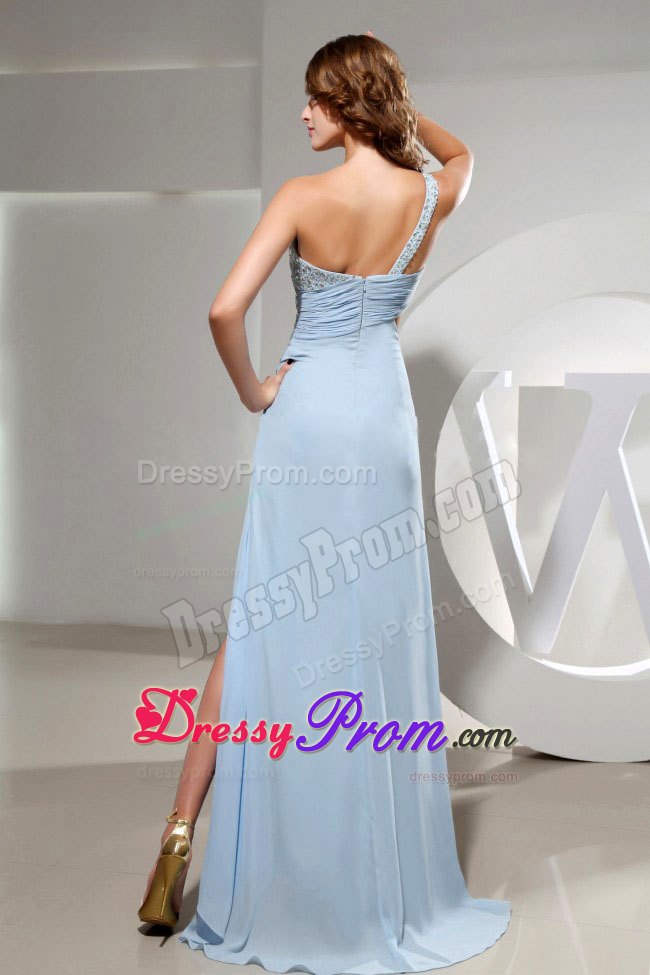 2014 Light Blue One Shoulder and High Slit Prom Dress With Beading