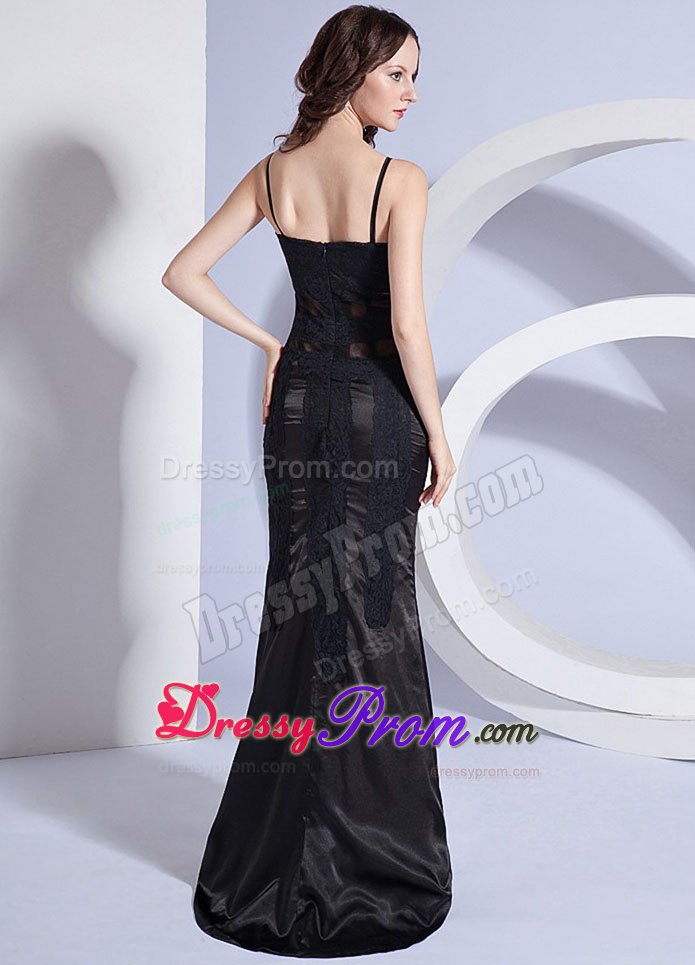 Lace Decorate Spaghetti Straps Column Black 2013 Prom Dress