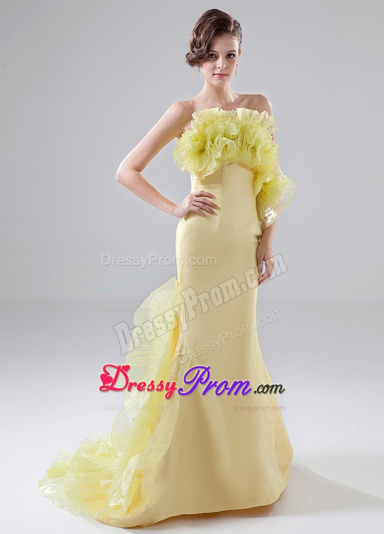 Mermaid Yellow Prom Dress with Organza Ruffles and Brush