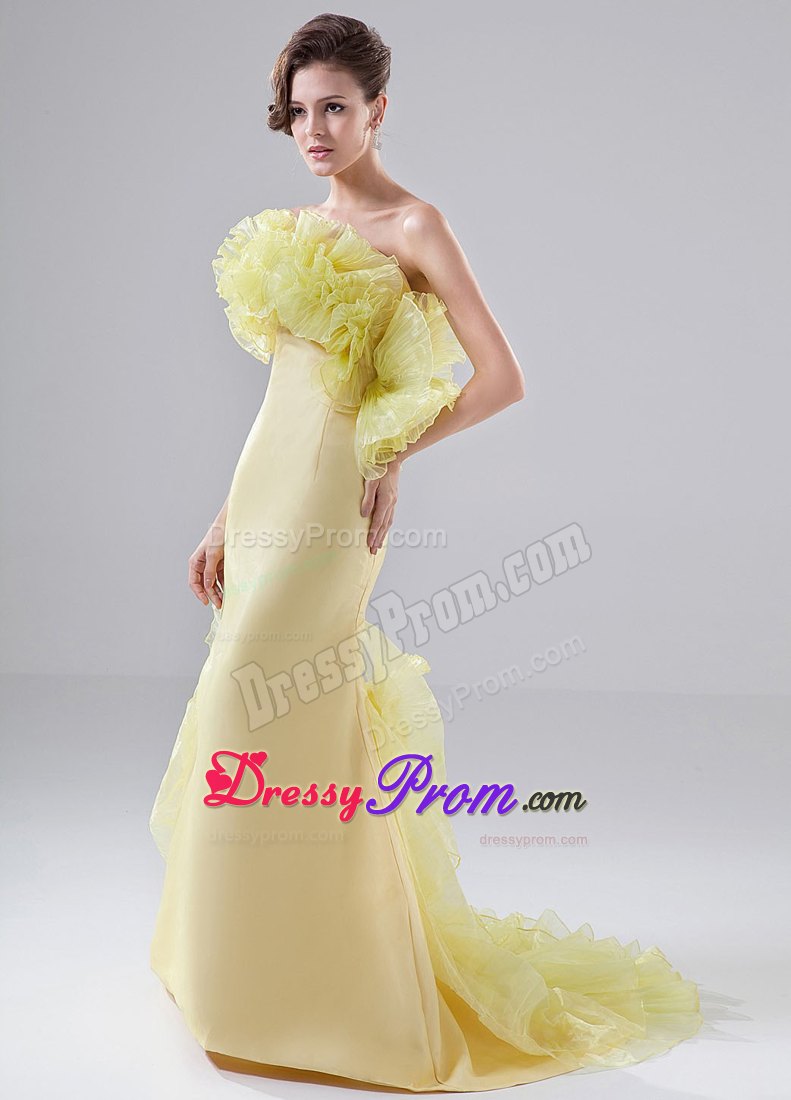 Mermaid Yellow Prom Dress with Organza Ruffles and Brush