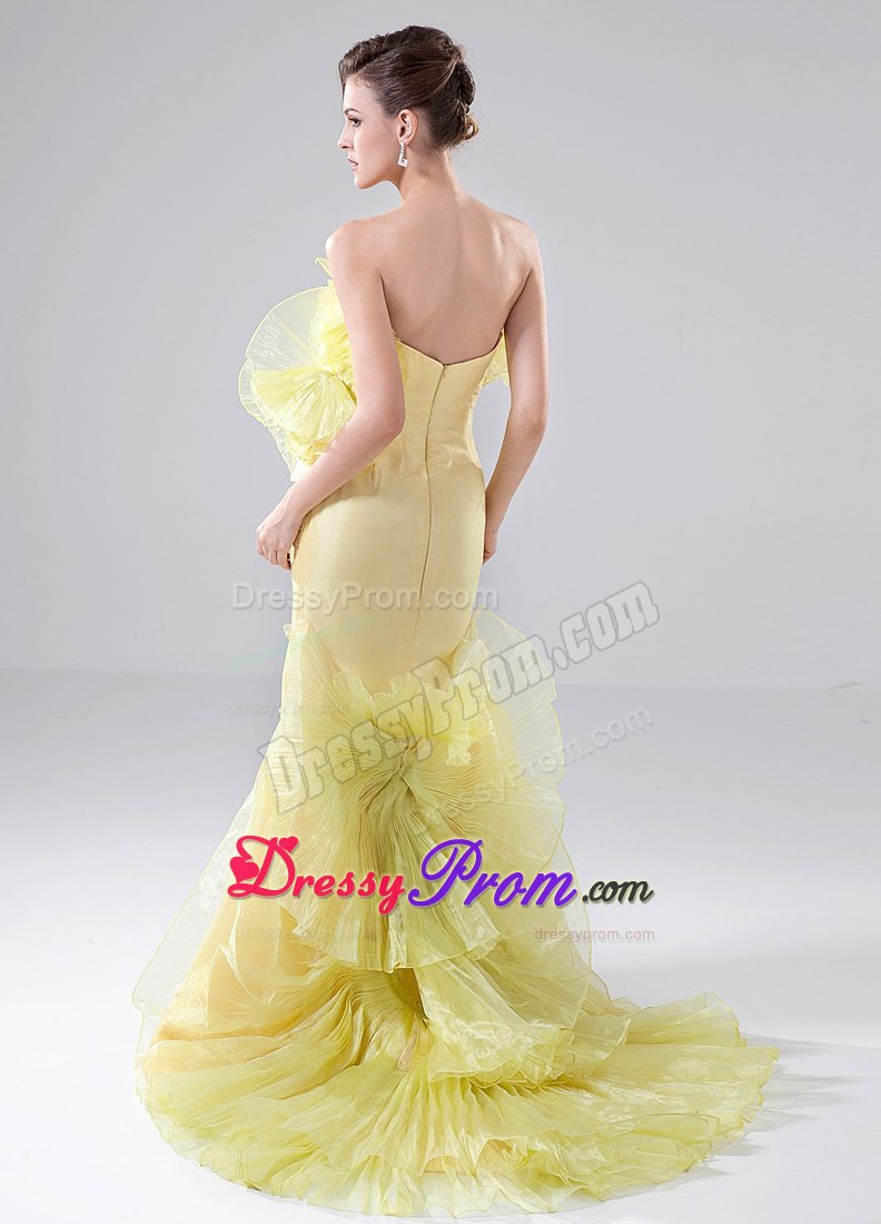 Mermaid Yellow Prom Dress with Organza Ruffles and Brush
