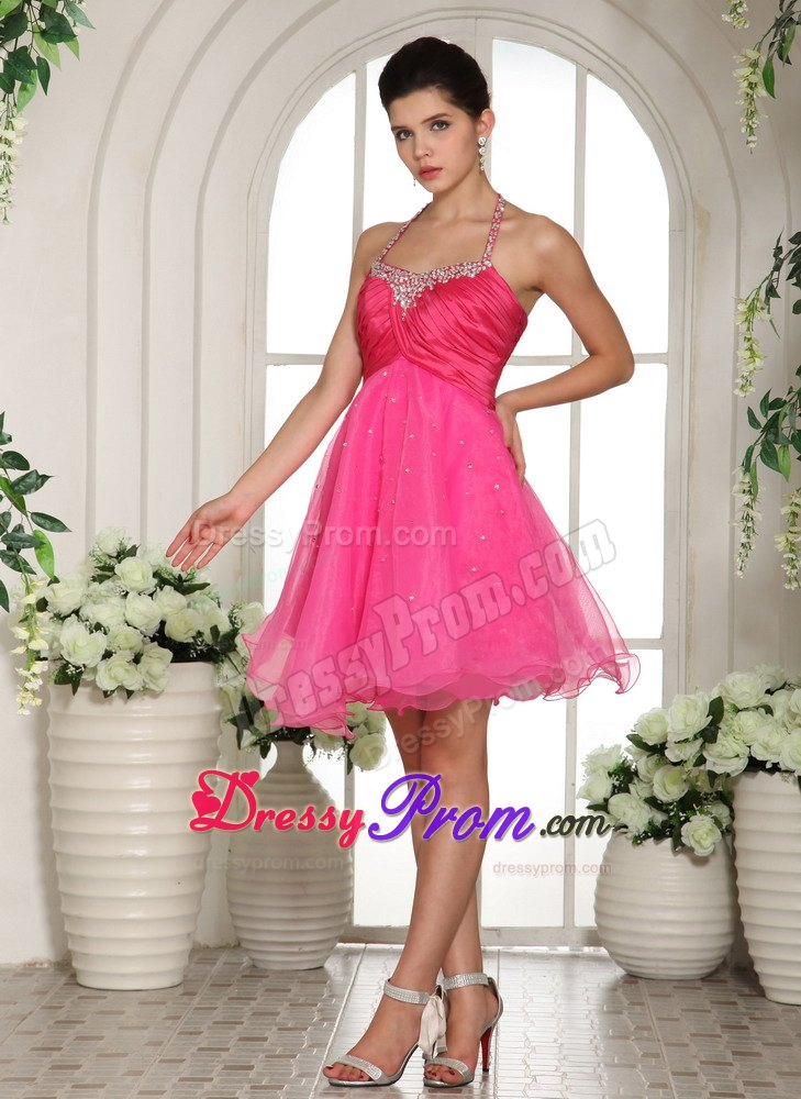 Halter Hot Pink Knee-length Prom Dress with Ruching and Beading