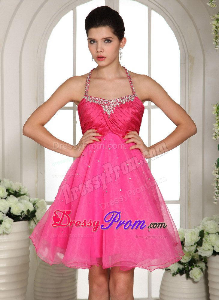 Halter Hot Pink Knee-length Prom Dress with Ruching and Beading