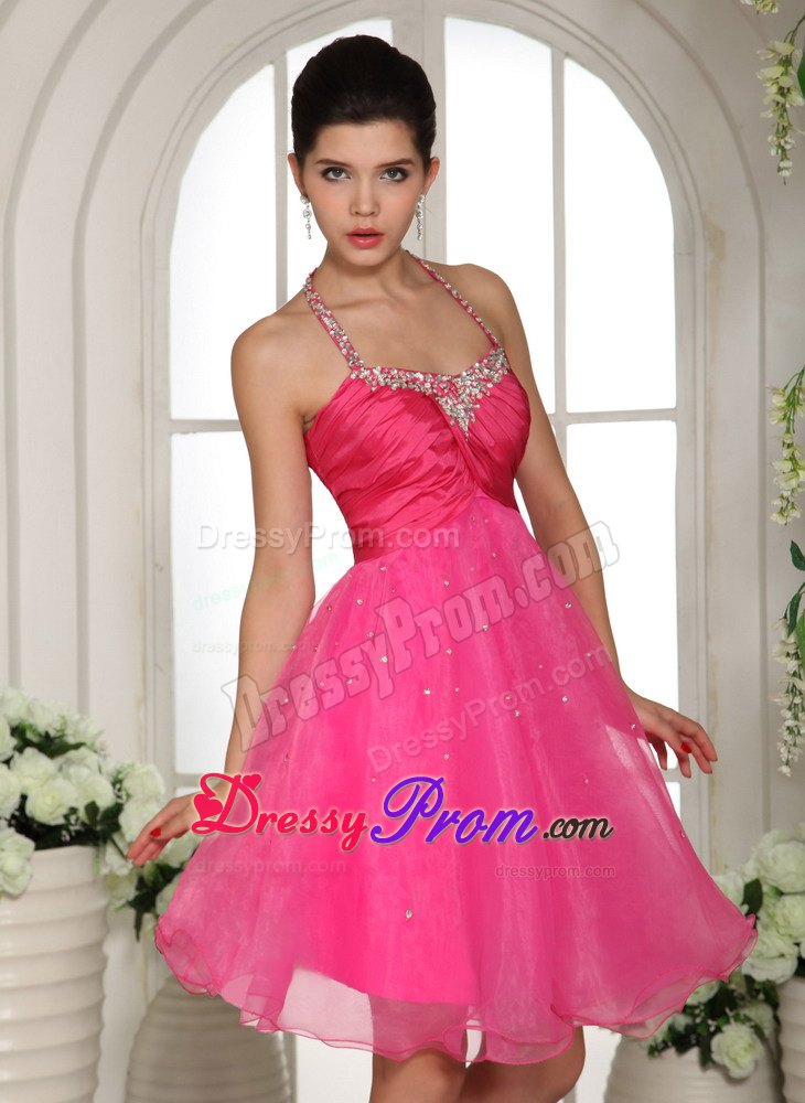 Halter Hot Pink Knee-length Prom Dress with Ruching and Beading