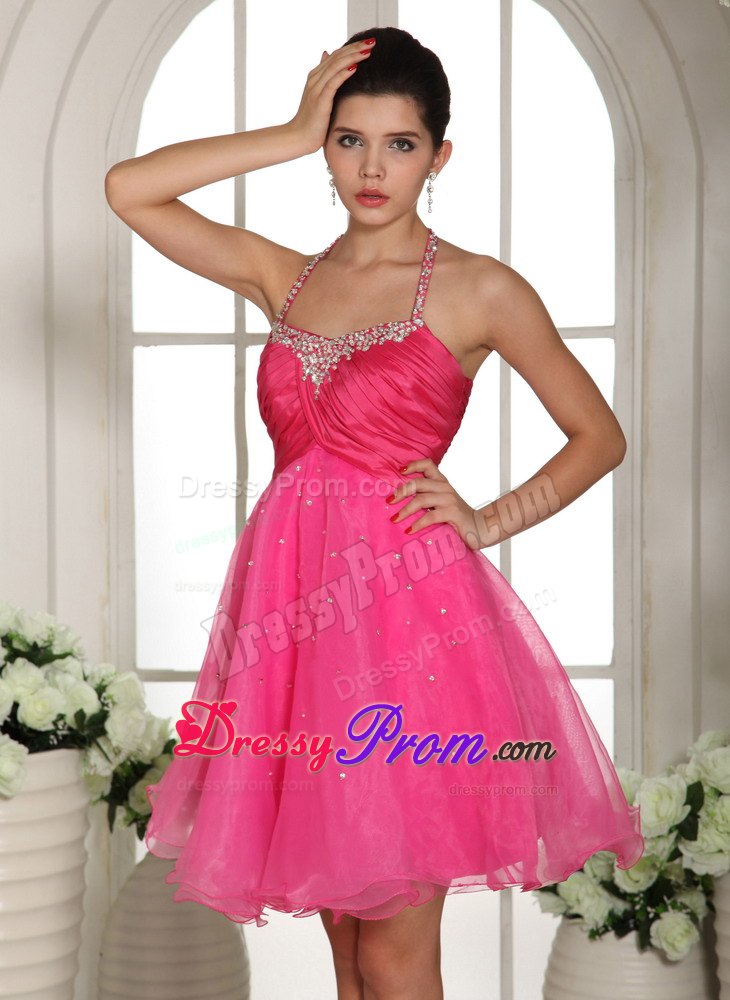 Halter Hot Pink Knee-length Prom Dress with Ruching and Beading