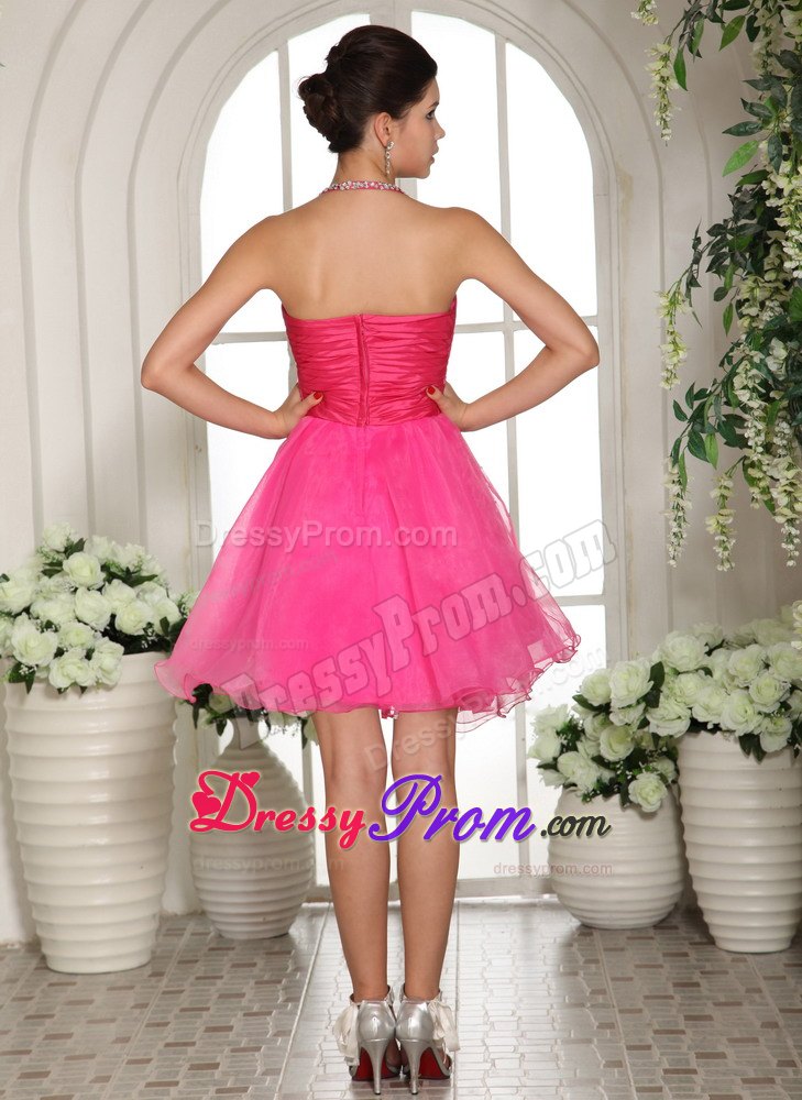 Halter Hot Pink Knee-length Prom Dress with Ruching and Beading