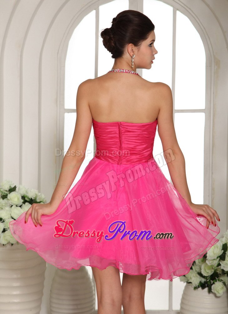 Halter Hot Pink Knee-length Prom Dress with Ruching and Beading