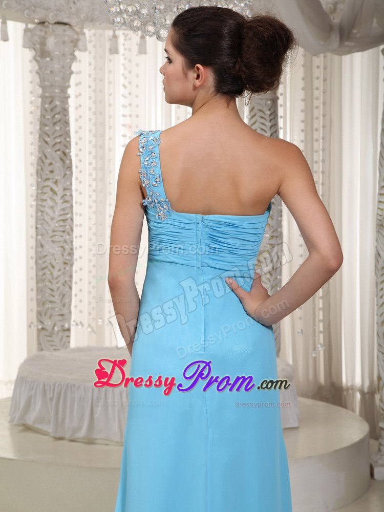 One Shoulder Aqua Column Chiffon Beading Ruching High-slit Prom Dress
