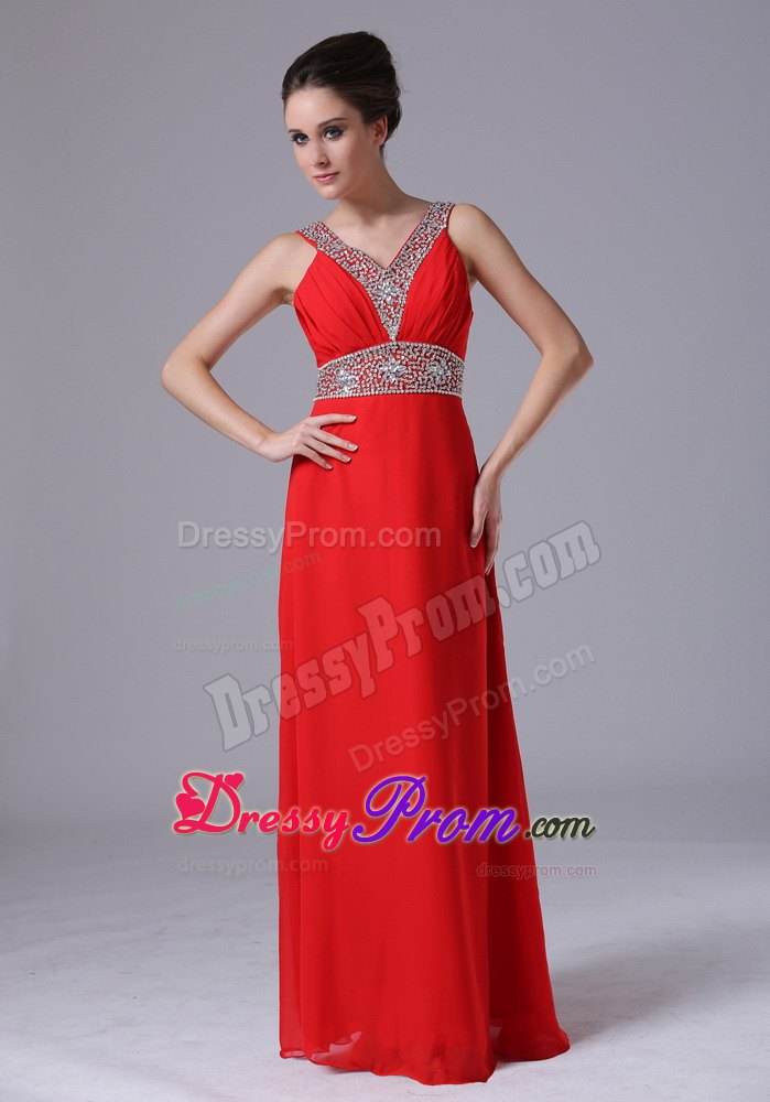 V-neck Beaded Decorate Shoulder and Waist Empire Red Prom Dress