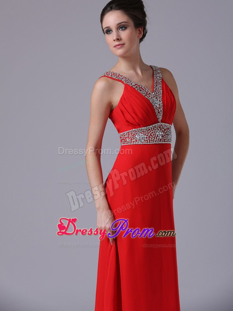 V-neck Beaded Decorate Shoulder and Waist Empire Red Prom Dress