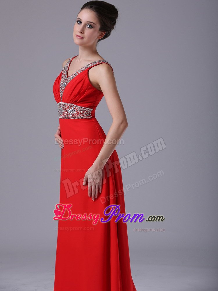 V-neck Beaded Decorate Shoulder and Waist Empire Red Prom Dress