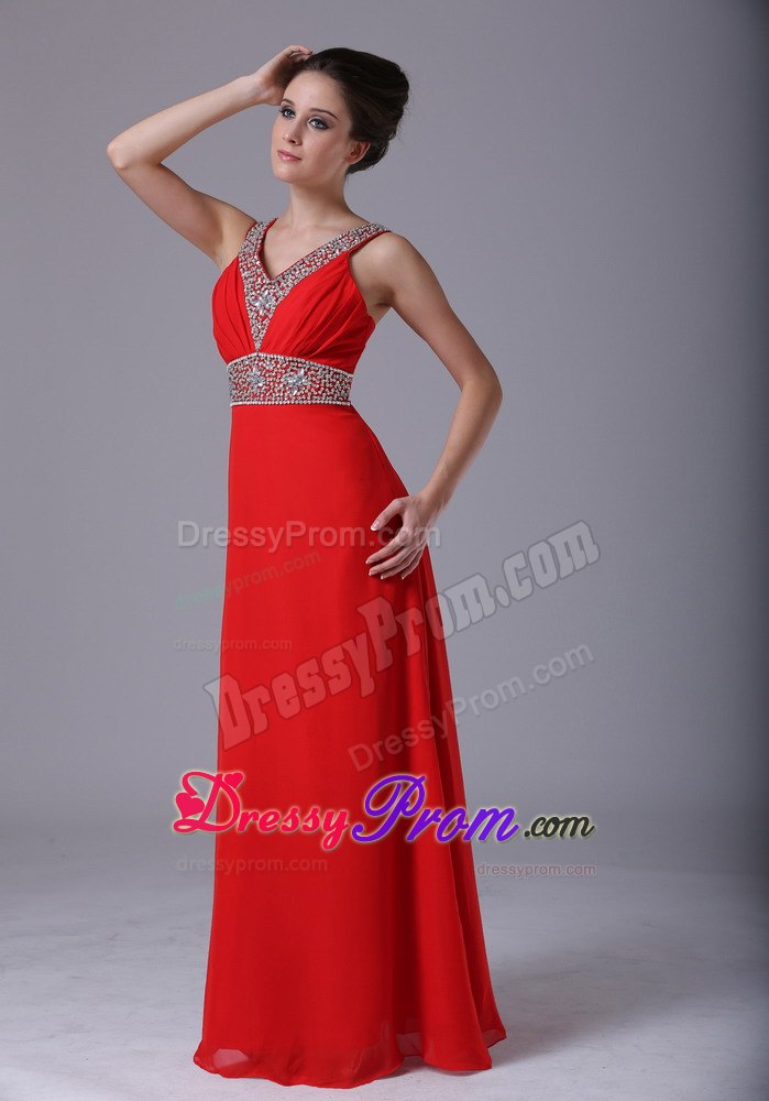 V-neck Beaded Decorate Shoulder and Waist Empire Red Prom Dress