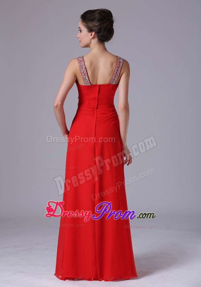 V-neck Beaded Decorate Shoulder and Waist Empire Red Prom Dress