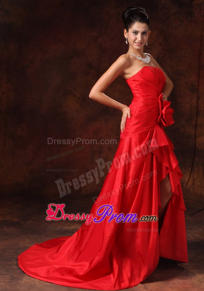 High Slit Column Strapless Brush Train Ruched 2013 Prom Dress