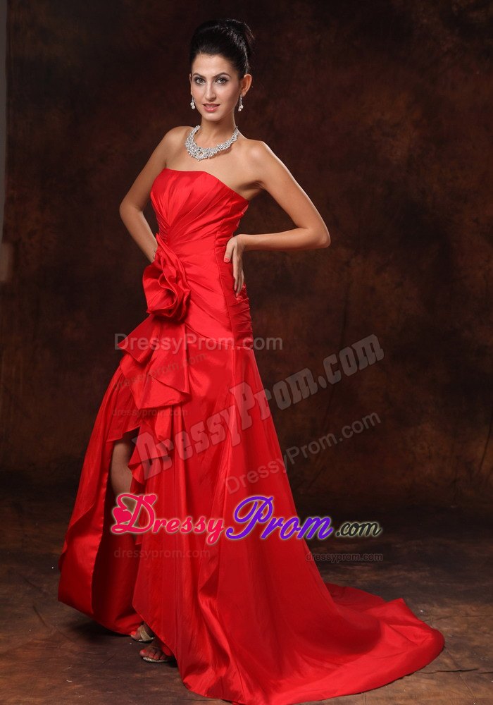 High Slit Column Strapless Brush Train Ruched 2013 Prom Dress