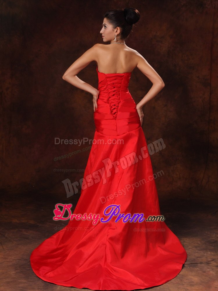 High Slit Column Strapless Brush Train Ruched 2013 Prom Dress