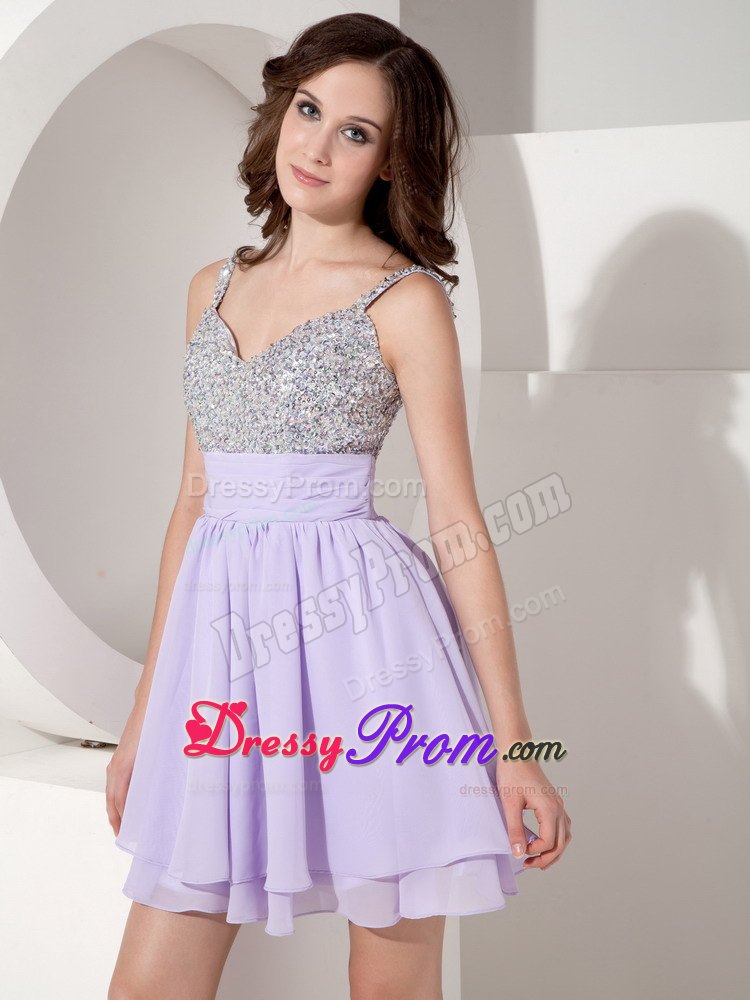 Straps Beading Lilac Mini-length Layers Chiffon Prom Bridesmaid Dresses