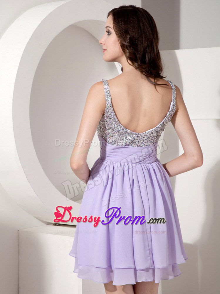 Straps Beading Lilac Mini-length Layers Chiffon Prom Bridesmaid Dresses
