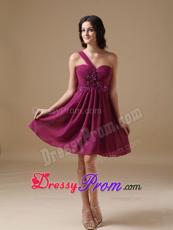 Beading One Shoulder Ruched Short Fushcia Chiffon Prom Cocktail Dress