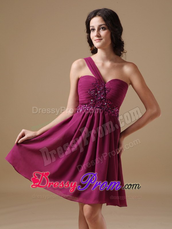 Beading One Shoulder Ruched Short Fushcia Chiffon Prom Cocktail Dress