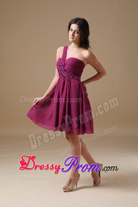 Beading One Shoulder Ruched Short Fushcia Chiffon Prom Cocktail Dress