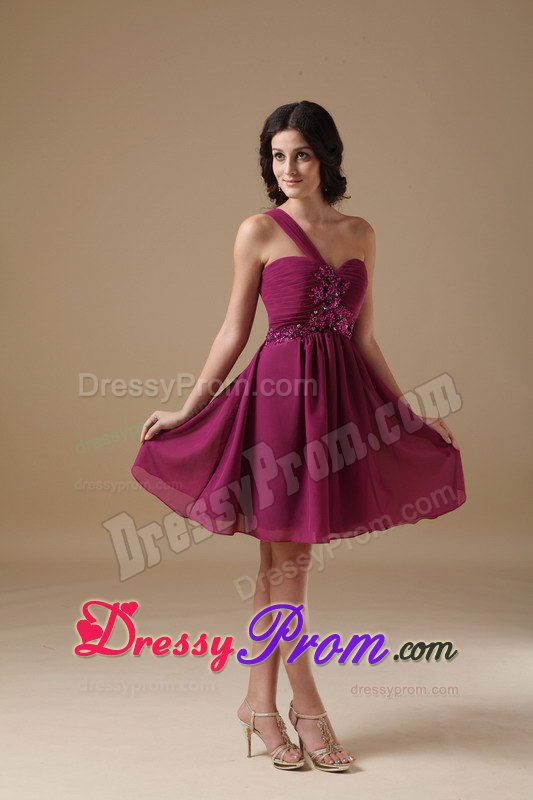 Beading One Shoulder Ruched Short Fushcia Chiffon Prom Cocktail Dress