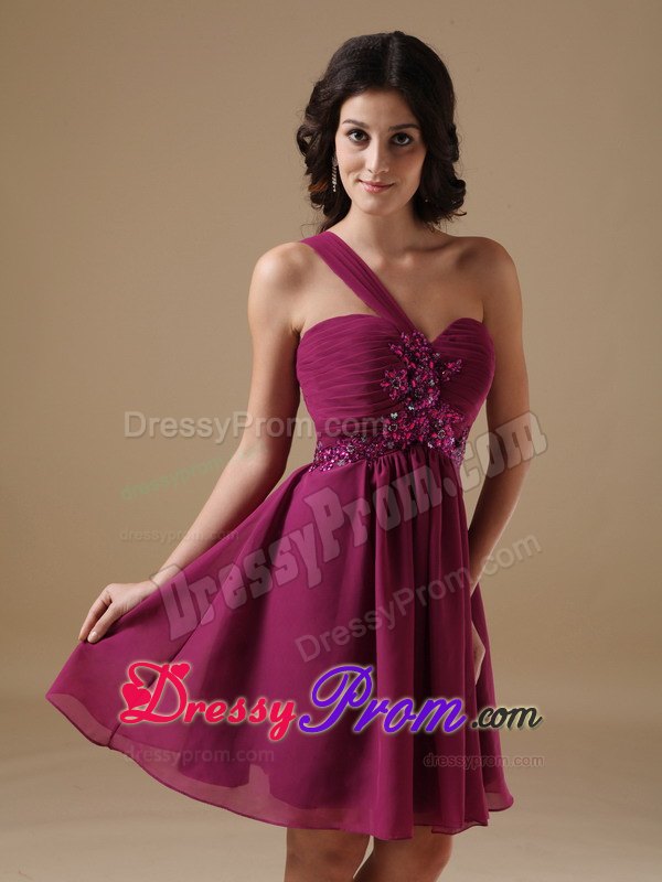 Beading One Shoulder Ruched Short Fushcia Chiffon Prom Cocktail Dress