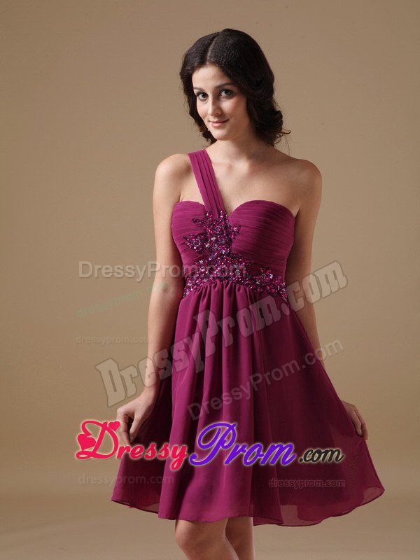 Beading One Shoulder Ruched Short Fushcia Chiffon Prom Cocktail Dress