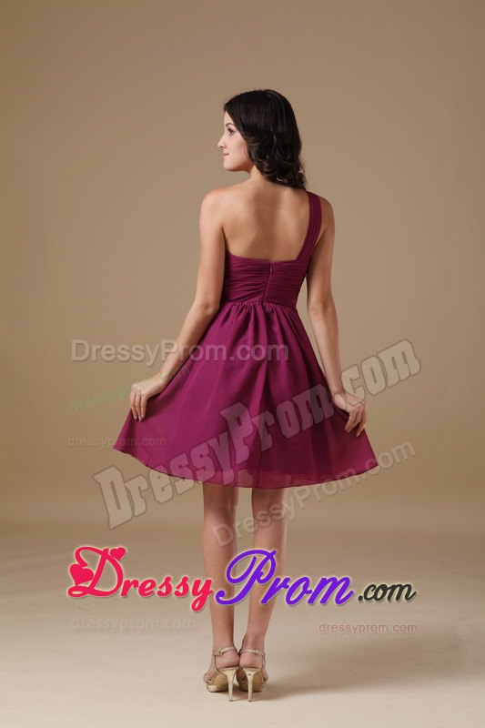 Beading One Shoulder Ruched Short Fushcia Chiffon Prom Cocktail Dress