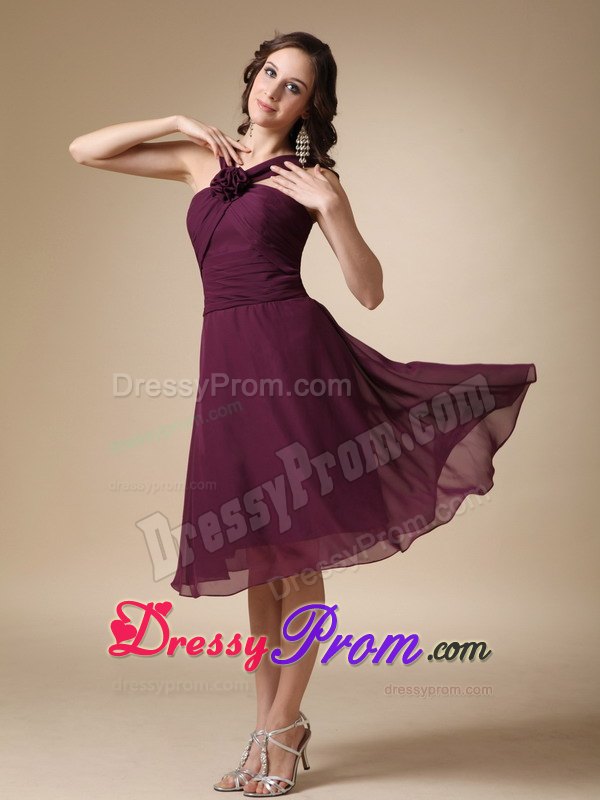 Hand Made Flower V-neck Knee-length Chiffon Dark Purple Prom Party Dress