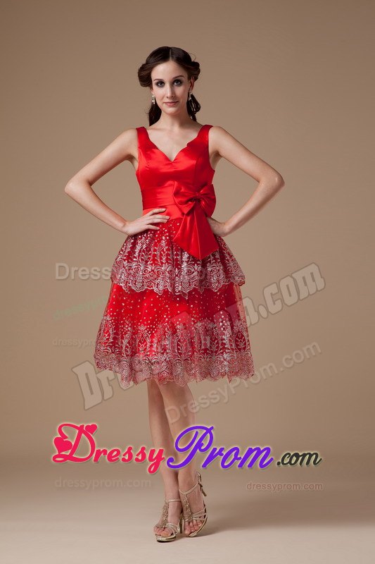 V-neck Beading Appliques Bowknot Satin Knee-length Red Prom Dress