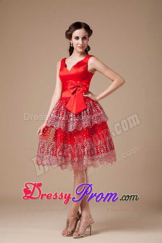 V-neck Beading Appliques Bowknot Satin Knee-length Red Prom Dress