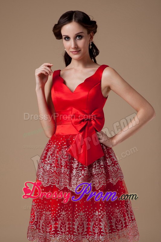 V-neck Beading Appliques Bowknot Satin Knee-length Red Prom Dress