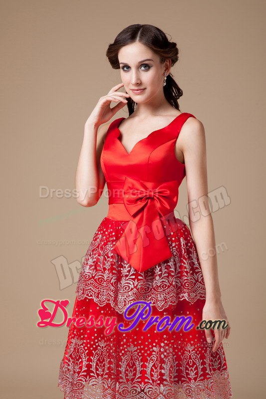 V-neck Beading Appliques Bowknot Satin Knee-length Red Prom Dress
