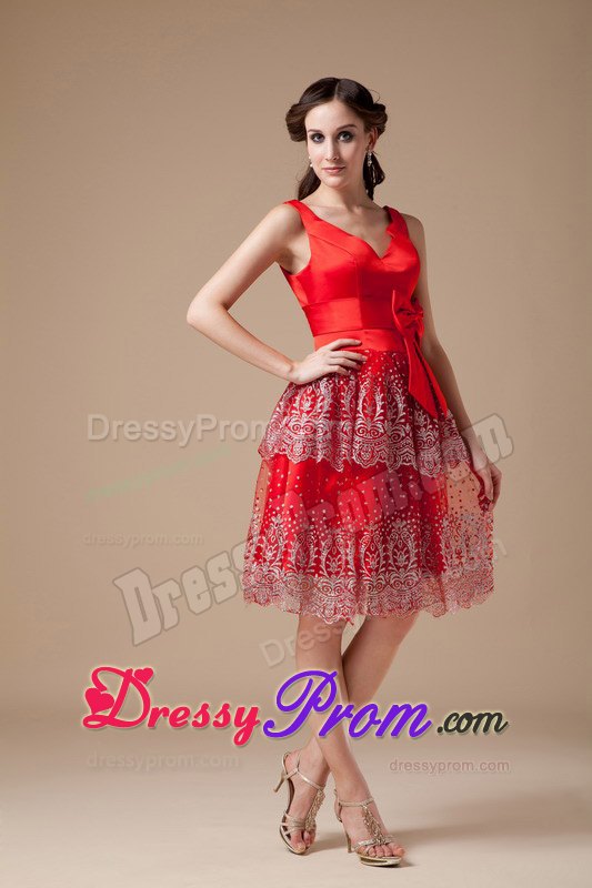 V-neck Beading Appliques Bowknot Satin Knee-length Red Prom Dress