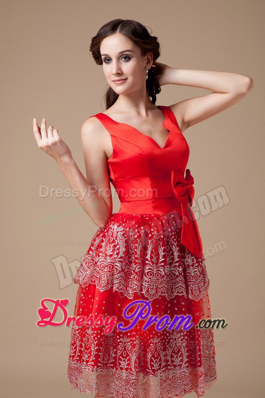V-neck Beading Appliques Bowknot Satin Knee-length Red Prom Dress