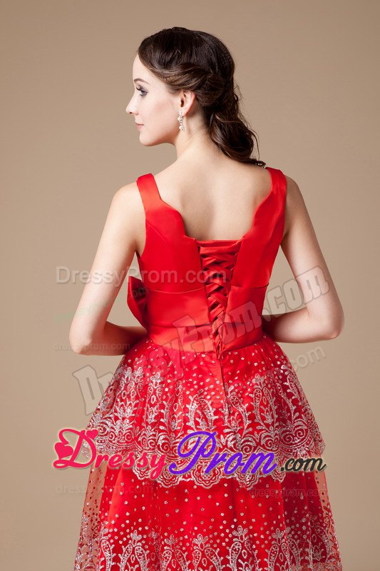 V-neck Beading Appliques Bowknot Satin Knee-length Red Prom Dress