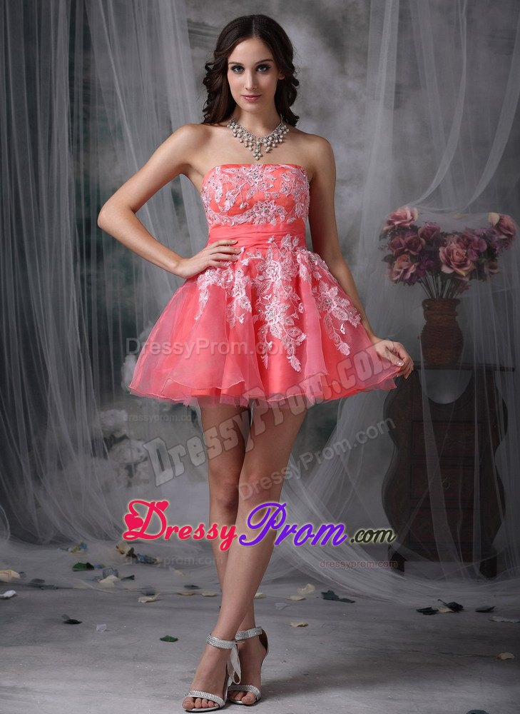 A-line Strapless Watermelon Organza Appliques Mini-length Prom Dress