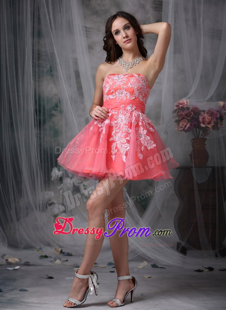 A-line Strapless Watermelon Organza Appliques Mini-length Prom Dress