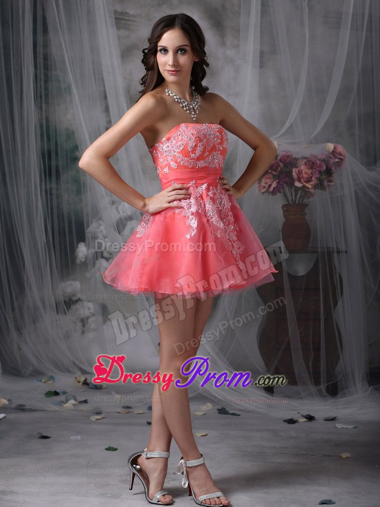 A-line Strapless Watermelon Organza Appliques Mini-length Prom Dress