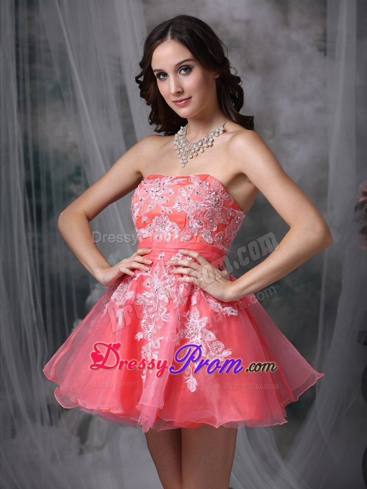 A-line Strapless Watermelon Organza Appliques Mini-length Prom Dress