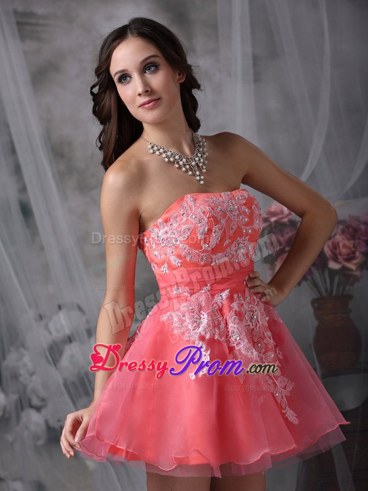 A-line Strapless Watermelon Organza Appliques Mini-length Prom Dress