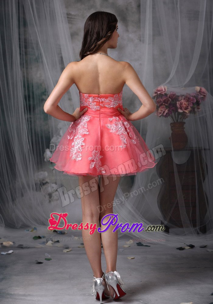 A-line Strapless Watermelon Organza Appliques Mini-length Prom Dress