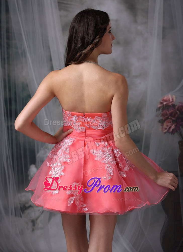 A-line Strapless Watermelon Organza Appliques Mini-length Prom Dress