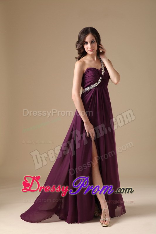 Elegant Dark Purple Empire One Shoulder Beading High Slit Prom Dress