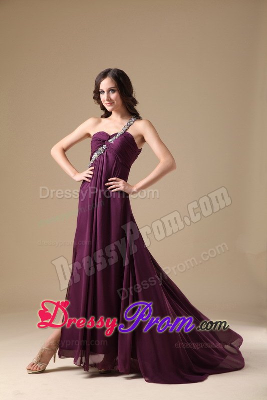 Elegant Dark Purple Empire One Shoulder Beading High Slit Prom Dress