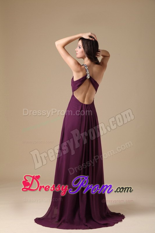 Elegant Dark Purple Empire One Shoulder Beading High Slit Prom Dress