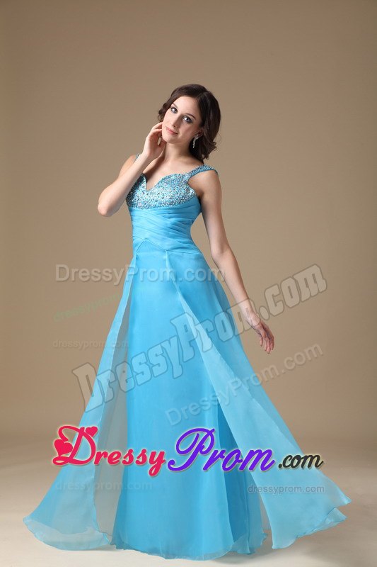 Aqua Blue Column Straps Organza Prom Dress with Beading and Ruching