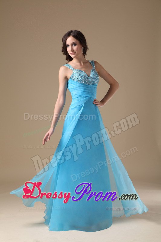 Aqua Blue Column Straps Organza Prom Dress with Beading and Ruching