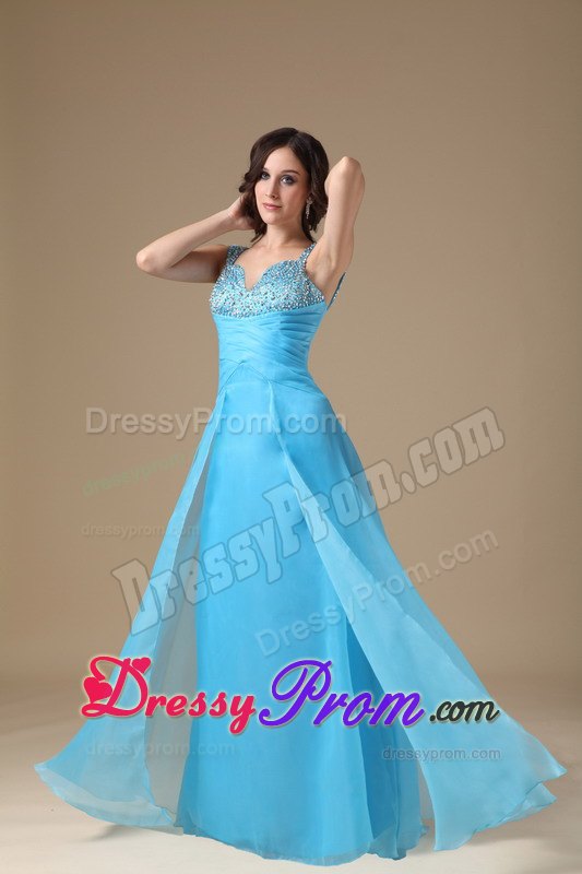 Aqua Blue Column Straps Organza Prom Dress with Beading and Ruching